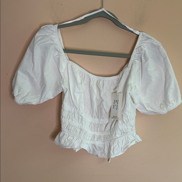Sim & Sam Tops - White Puff Sleeve Smocked Peplum Crop Top